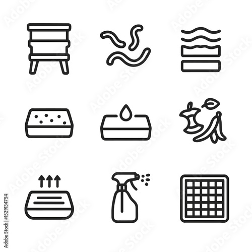 Vermicomposting Icons Set. Outline icon set of vermicomposting bins: worm bin, red wigglers, bedding layer, castings tray,
