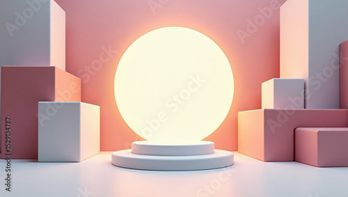A conceptual, abstract backdrop features pastel pink and white cubes and a glowing circular light. At the center is a two-tiered platform, ideal for showcasing products or designs.

