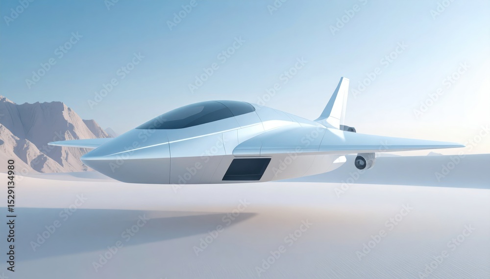 Fototapeta premium Chrome Spaceship Over Desert Landscape Under Pale Blue Sky