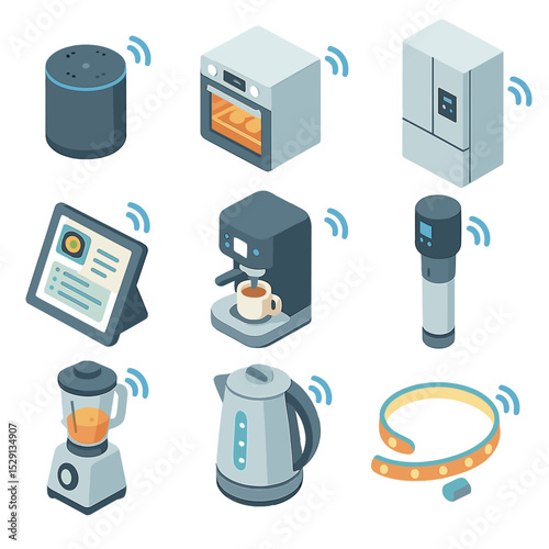 Voice-Controlled Kitchen Gadgets. Isometric Flat icon set of voice-controlled kitchen gadgets: smart speaker, voice-activated