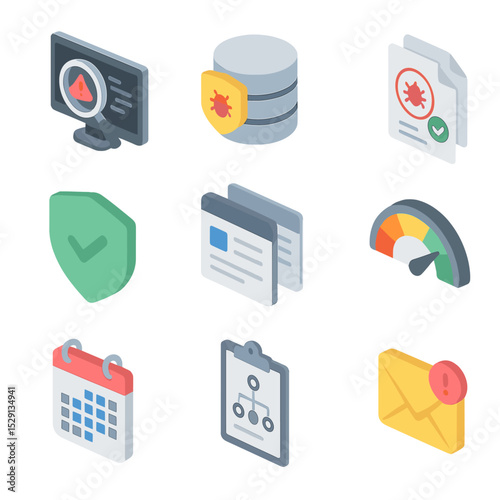 Vulnerability Management Icons. Isometric Flat icon set of vulnerability scanning and management: scanner console, CVE database,