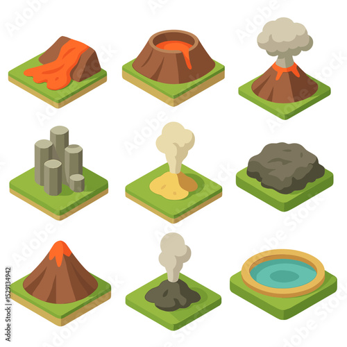 Volcanic Icon Set. Isometric Flat icon set of volcanic landscapes: lava flow, volcanic crater, ash cloud, basalt columns, sulfur