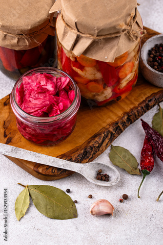 Healthy homemade fermented food in jars