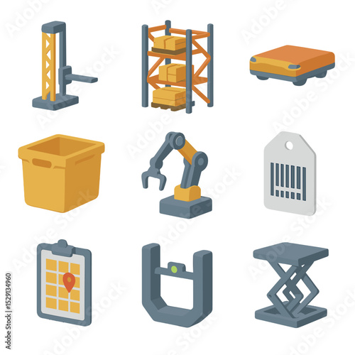 Warehouse Icon Set. Isometric Flat icon set of storage and retrieval machines: AS/RS crane, pallet rack, shuttle cart, storage bin