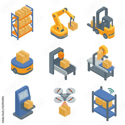 Warehouse Automation Icons. Isometric Flat icon set of warehouse and logistics automation: automated storage rack, robotic picking