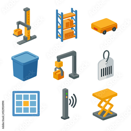 Warehouse Icon Set. Isometric Flat icon set of storage and retrieval machines: AS/RS crane, pallet rack, shuttle cart, storage bin