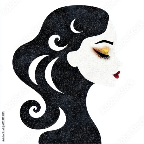 Abstract Glitter Woman Portrait Black Hair, White Face, Celestial Theme
