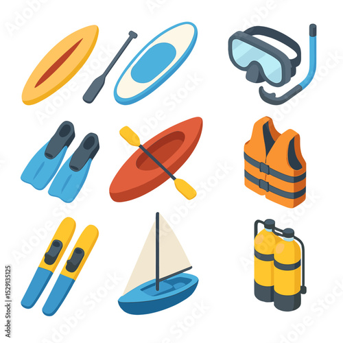 Water Sports Icons. Isometric Flat icon set of water sports gear: surfboard, paddleboard, snorkeling mask, swim fins, kayak, life