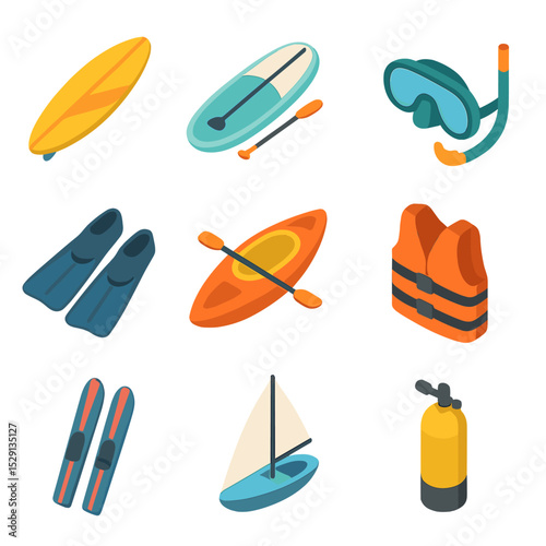 Water Sports Icons. Isometric Flat icon set of water sports gear: surfboard, paddleboard, snorkeling mask, swim fins, kayak, life