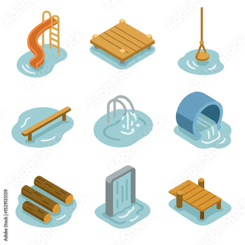 Water-Course Icon Set. Isometric Flat icon set of water-course elements: water slide, floating platform, rope swing over water,