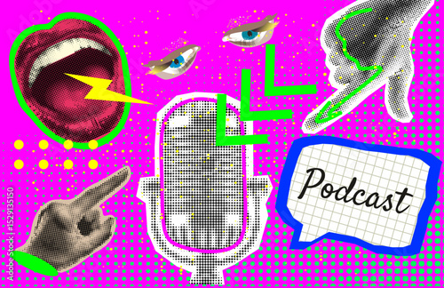Trendy Halftone Collage with hand pointing to Studio Microphone for Podcast and speech bubble. Broadcast recording. Listen to educational content. Online radio. Audio streaming service.	