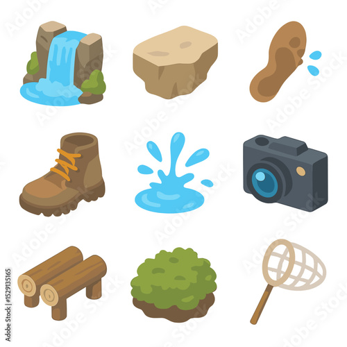 Waterfall Hike Icons. Isometric Flat icon set of waterfall hike: waterfall, rock ledge, wet footprint, hiking boot, water spray,