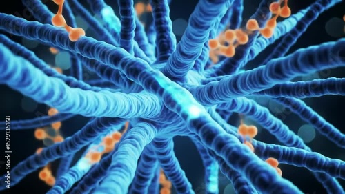 Microscopic neural network, blue fibers and orange molecular chains, animated impulses