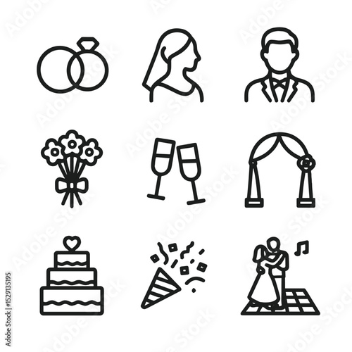 Wedding Icon Set. Outline icon set of weddings: wedding rings, bride silhouette, groom silhouette, bouquet, champagne flutes,