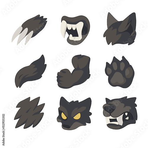 Werewolf Anatomy Icons. Isometric Flat icon set of werewolf anatomy details: elongated nails, sharp fangs, lupine ears, bushy tail