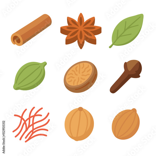 Whole Spices Icons. Isometric Flat icon set of whole spices: cinnamon stick, cardamom pod, star anise, bay leaf, peppercorn,