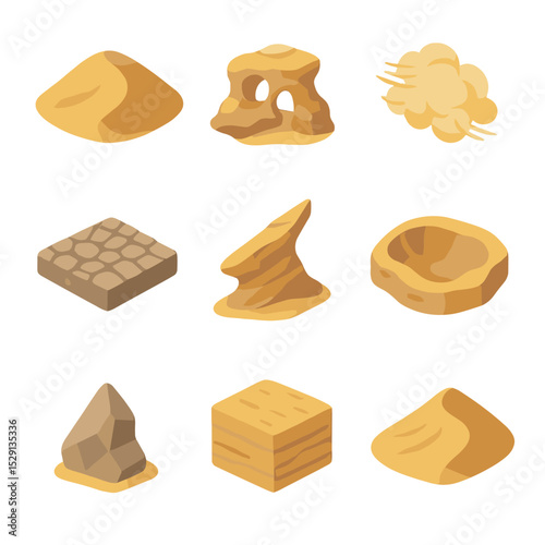 Wind Erosion Icons. Isometric Flat icon set of wind erosion features: sand dune, eroded rock, windblown dust cloud, desert