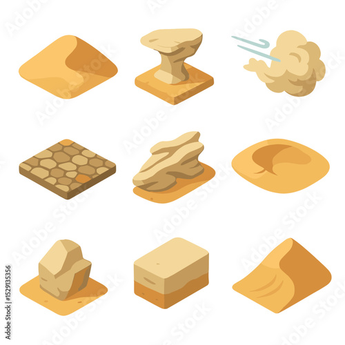 Wind Erosion Icons. Isometric Flat icon set of wind erosion features: sand dune, eroded rock, windblown dust cloud, desert