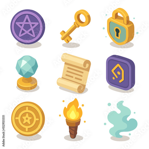 Wizardry Icon Collection. Isometric Flat icon set of wizard's tower portal accessories: arcane symbol, floating key, enchanted