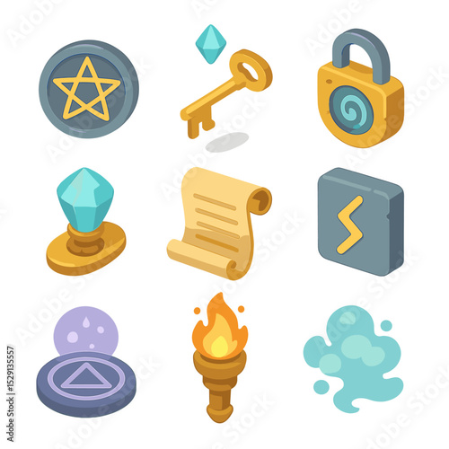 Wizardry Icon Collection. Isometric Flat icon set of wizard's tower portal accessories: arcane symbol, floating key, enchanted