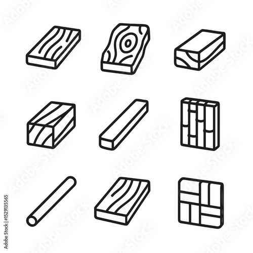 Wood Material Icons. Outline icon set of wood materials: oak plank, walnut slab, cherry piece, maple block, mahogany strip, bamboo