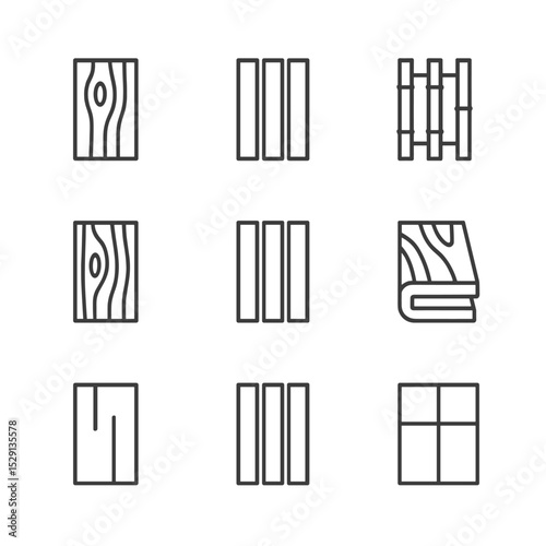 Wood Floorboard Icons. Outline icon set of wood floorboard varieties: oak plank, maple strip, bamboo slat, walnut board, cherry