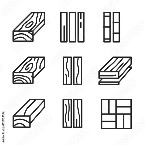 Wood Floorboard Icons. Outline icon set of wood floorboard varieties: oak plank, maple strip, bamboo slat, walnut board, cherry