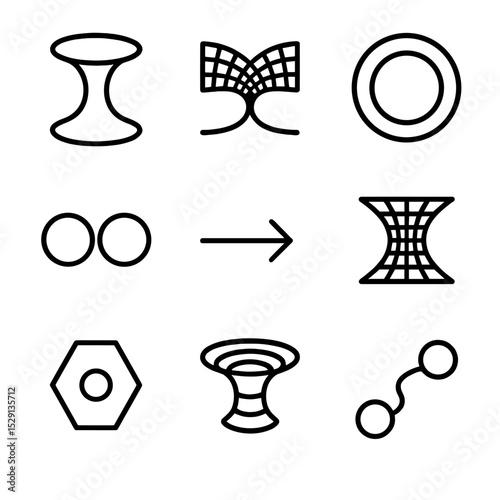 Wormhole Icon Set. Outline icon set of wormholes: tunnel throat, spacetime bridge, mouth ring, two spheres, travel arrow, curved