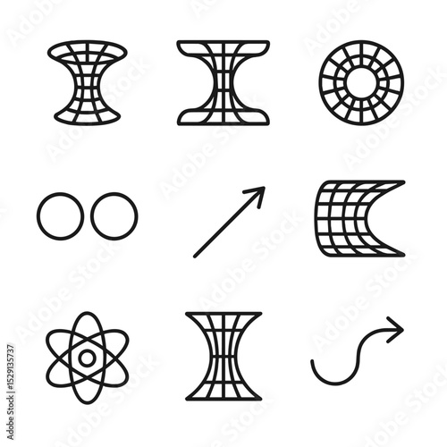 Wormhole Icon Set. Outline icon set of wormholes: tunnel throat, spacetime bridge, mouth ring, two spheres, travel arrow, curved