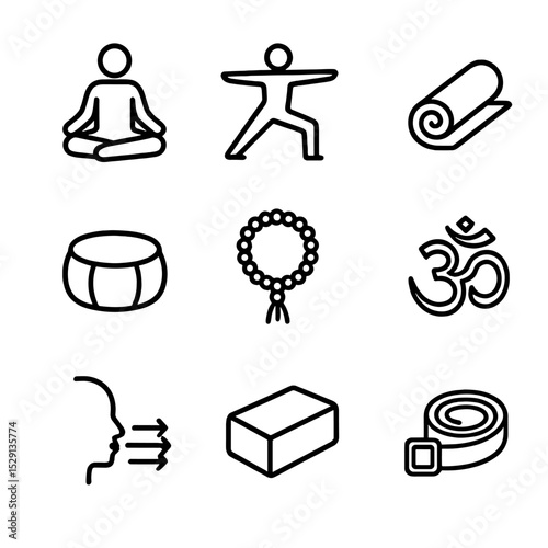 Yoga Icon Set. Outline icon set of yoga rejuvenation: lotus pose, warrior pose, yoga mat, meditation cushion, mala beads, chant
