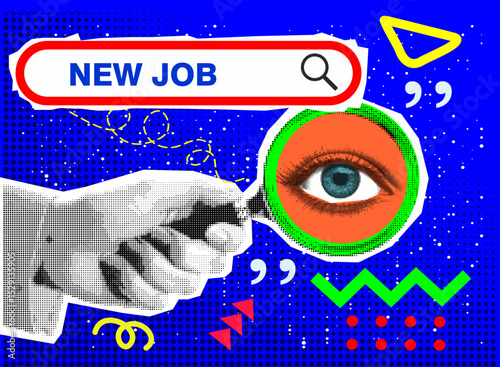 Trendy halftone collage with a hand that holds a magnifying glass. New Job searching	