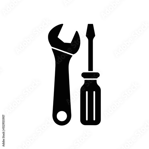 A black icon displays a wrench and a screwdriver standing upright next to each other.