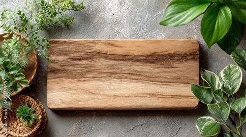 Wooden cutting board surrounded by green plants on a gray textured surface.