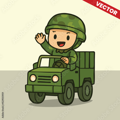 Cute army kids riding truck vector style editable illustration