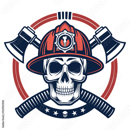 A detailed illustration of a firefighter's skull wearing a helmet and holding a firehose, isolated on a white background.  High-resolution, realistic style.