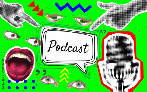 Trendy Halftone Collage with hand pointing to Studio Microphone for Podcast and speech bubble. Broadcast recording. Listen to educational content. Online radio. Audio streaming service.	