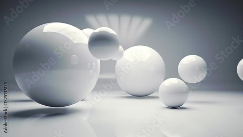 Minimalist floating white spheres, photorealistic 3D animation in soft light
