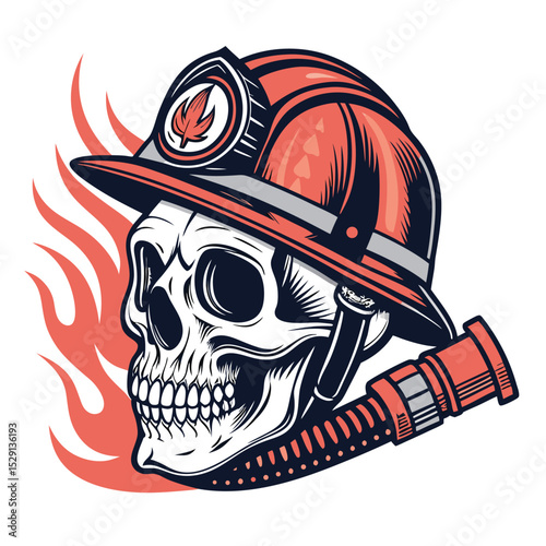 Create a striking image of a firefighter's skull, intricately detailed, wearing a helmet and clutching a fire hose.  Isolated on a white background.