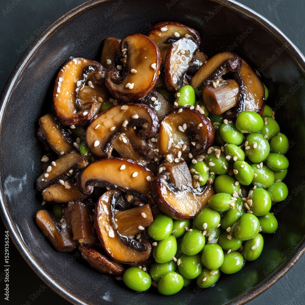 Fototapeta premium Roasted mushrooms and edamame in dark bowl