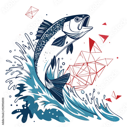 A vibrant fish explodes into a kaleidoscope of sharp geometric shards, surrounded by dynamic splashes of water.  Render in vivid, surreal style.