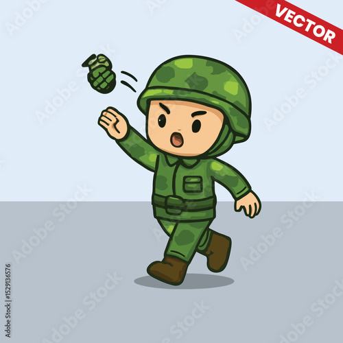 Cute army kids throwing grenades vector style editable illustration