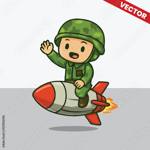 Cute army kids riding rocket vector style editable illustration
