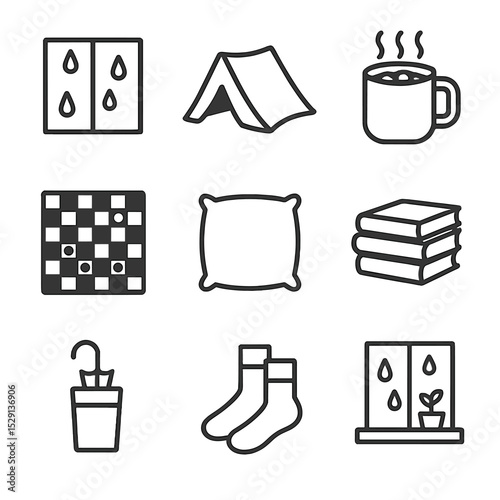 Rainy Day Icons. Outline icon set of rainy day indoor: raindrop window, blanket fort, hot cocoa, board game, cushion, book stack,