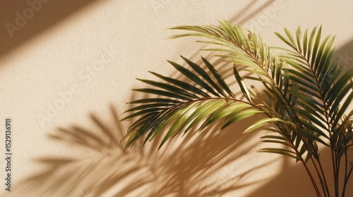 Palm fronds cast shadows on a beige wall creating a warm light effect.