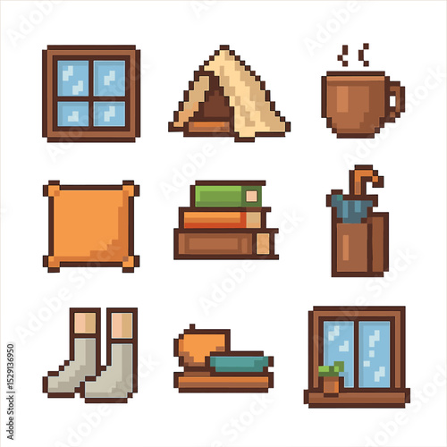 Rainy Day Icons. Pixel art icon set of rainy day indoor: raindrop window, blanket fort, hot cocoa, board game, cushion, book stack