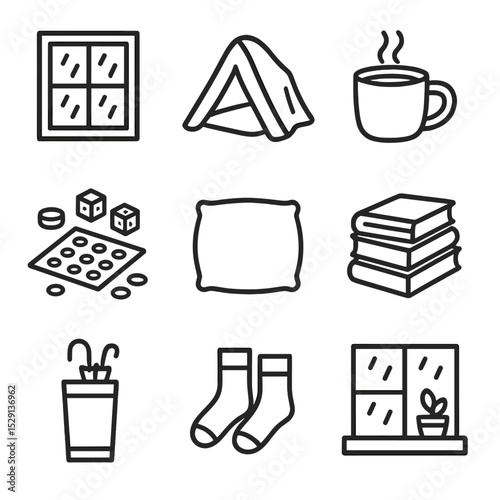 Rainy Day Icons. Outline icon set of rainy day indoor: raindrop window, blanket fort, hot cocoa, board game, cushion, book stack,