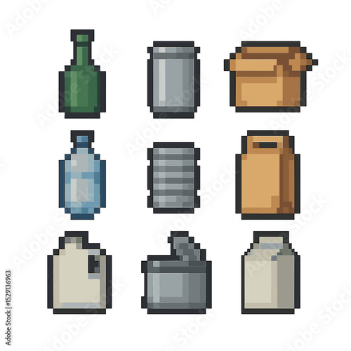 Recyclable Material Icons. Pixel art icon set of recyclable materials: glass bottle, aluminum can, cardboard box, PET bottle,