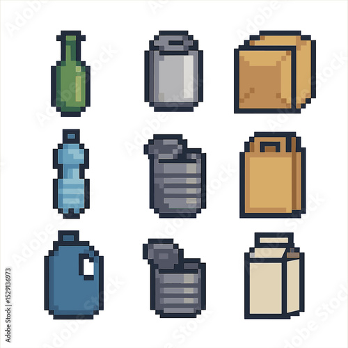 Recyclable Material Icons. Pixel art icon set of recyclable materials: glass bottle, aluminum can, cardboard box, PET bottle,