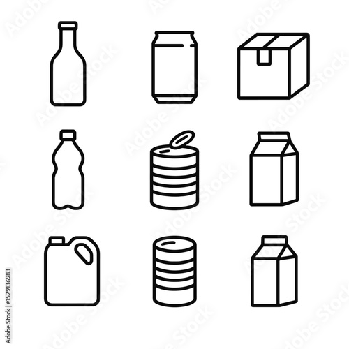 Recycling Icons Grid. Outline icon set of recyclable materials: glass bottle, aluminum can, cardboard box, PET bottle, steel tin,