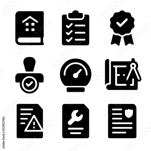 Regulatory Compliance Icons. Solid, Filled icon set of regulatory compliance: building code book, inspection checklist,